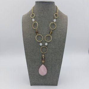 Avon Gold Toned Long Necklace Pink Faceted Tear Drop Pendant Ring Chain Light We
